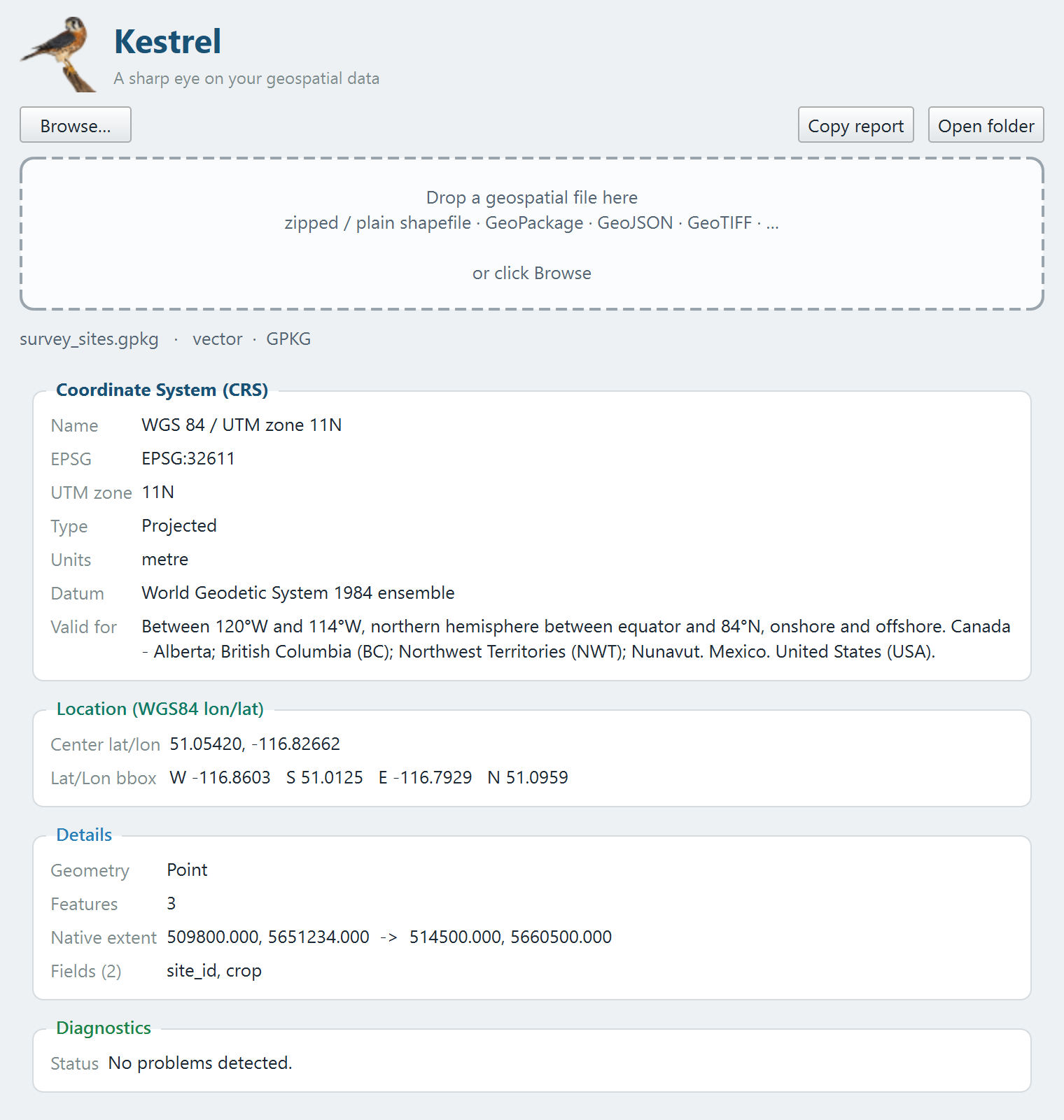 Kestrel inspecting a GeoPackage: CRS, UTM zone, location and diagnostics